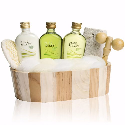 Pure Herbs Wellness Set: 60 ml-es tusfürdő, sampon és testápoló, fürdőszivacs, masszázs szivacs, masszázs görgő, habkő, 5 db/cs.