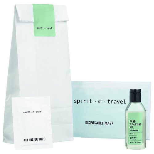 Spirit of Travel alapkészlet papírtasakban: 1x használatos maszk, 30 ml kézfertőtlenítő gél, 1 db kézfertőtlenítő kendő, 10 db/cs.